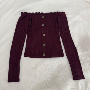 Aeropostale Seriously Soft Burgundy Off-Shoulder Lettuce Trim Long-Sleeve Top
